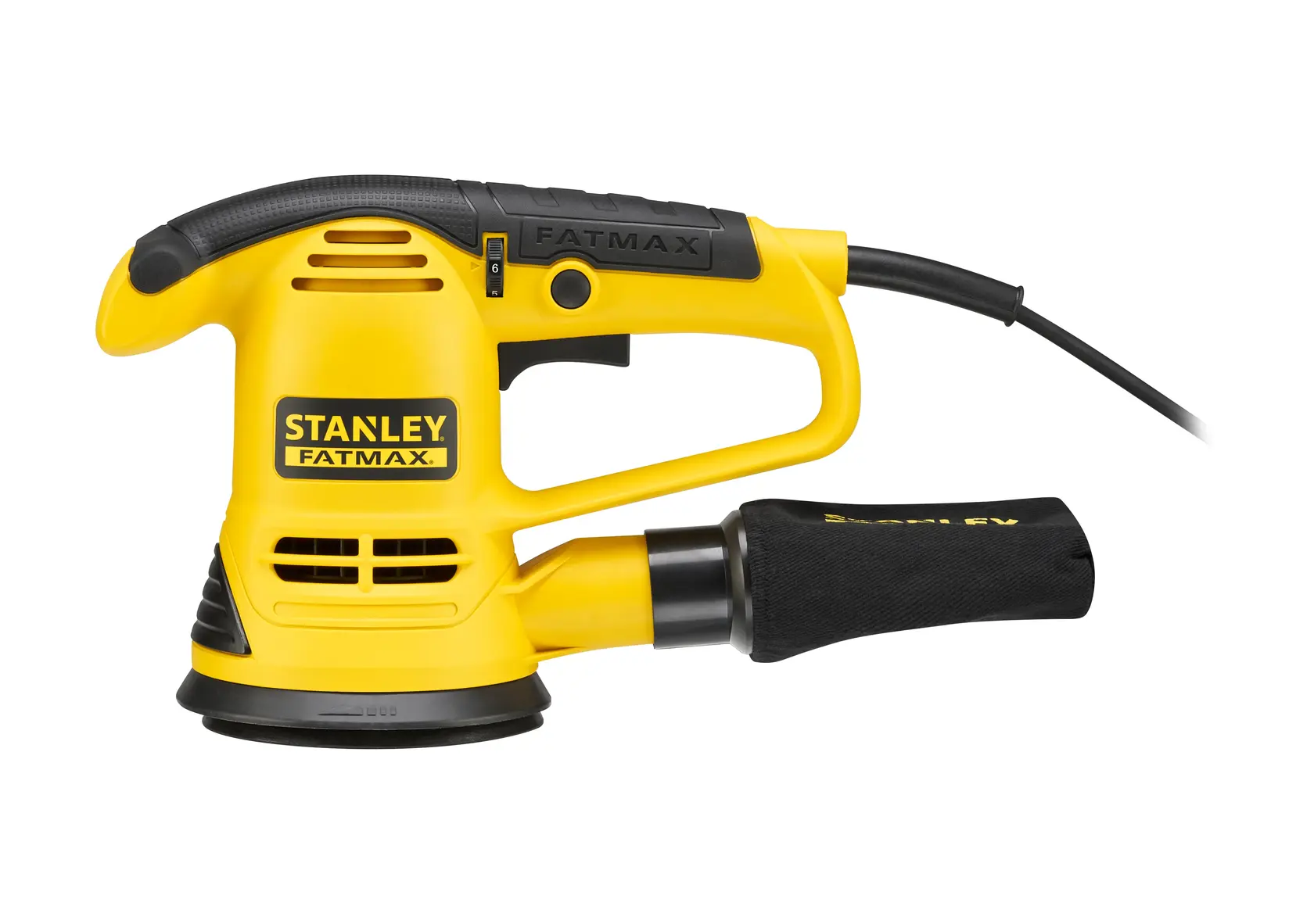 Stanley FME440K gelber kabelgebundener Exzenterschleifer, Seitenansicht auf weißem Hintergrund.