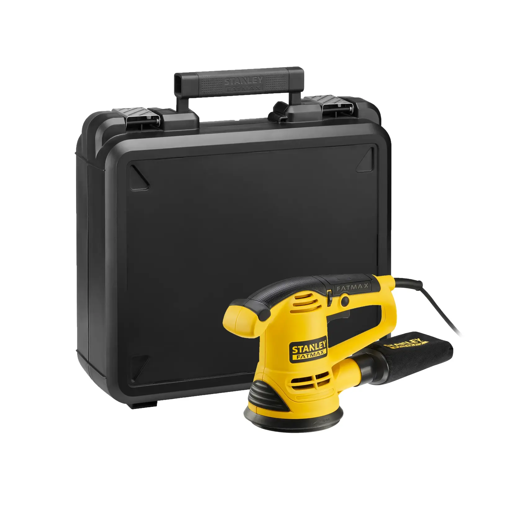 STANLEY FME440K Exzenterschleifer in Gelb und Schwarz mit schwarzem Transportkoffer, Vorderansicht.