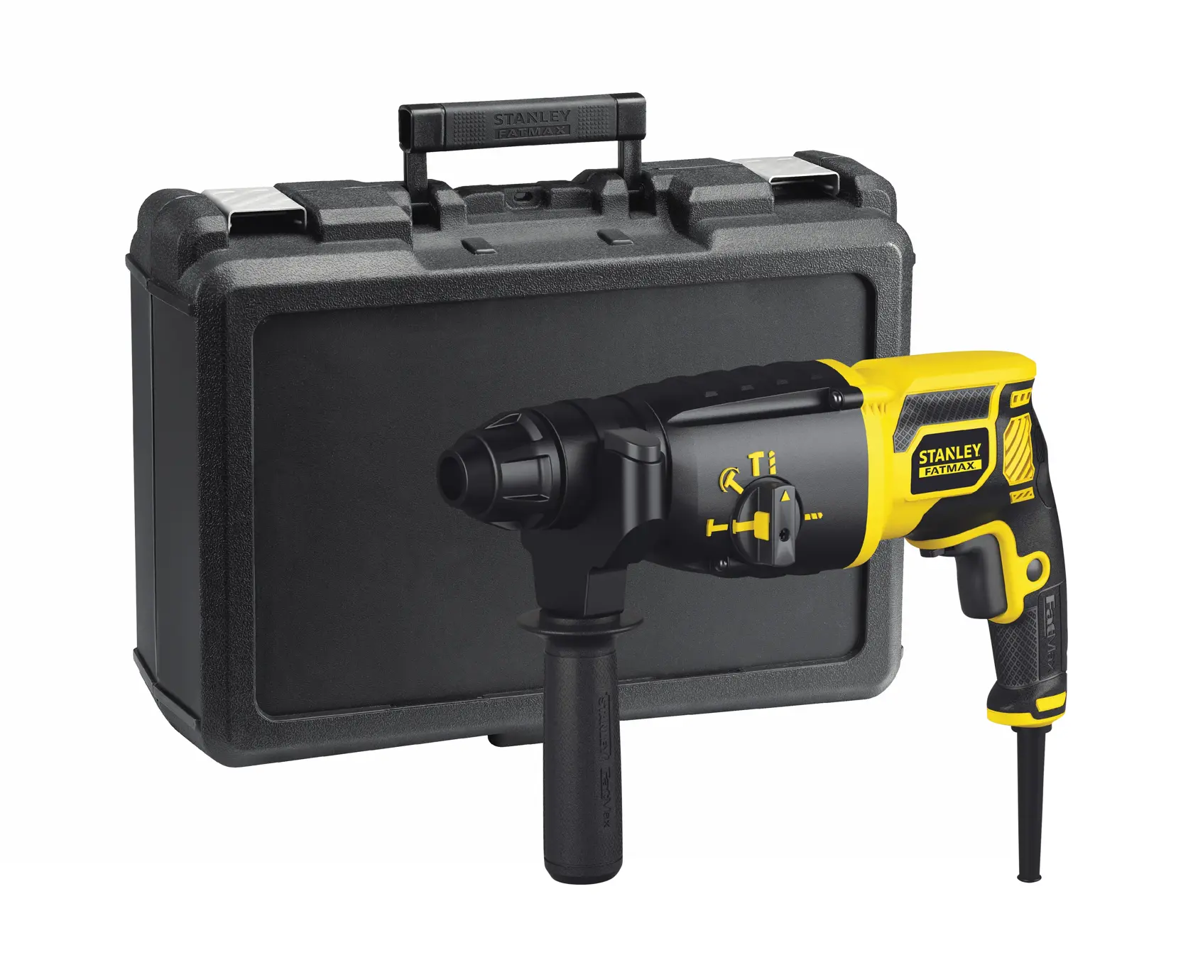 STANLEY FME500K Bohrhammer mit Seitengriff, gelb und schwarz, abgebildet mit schwarzem Transportkoffer, Frontansicht.