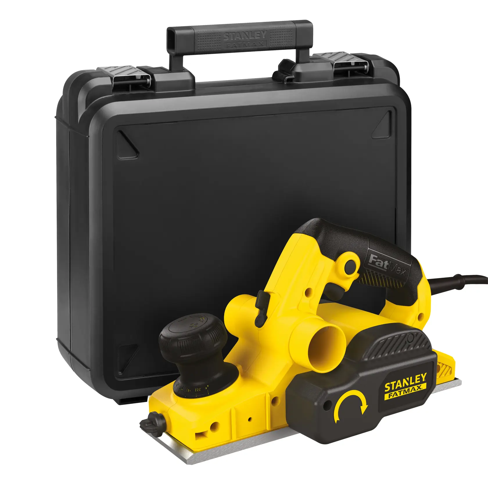 STANLEY FME630K Elektrohobel in Gelb und Schwarz mit Transportkoffer, Frontansicht vor weißem Hintergrund.