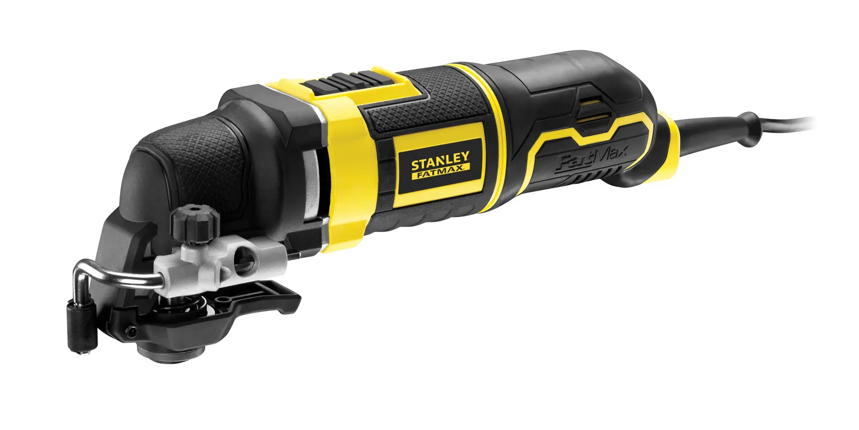 STANLEY FME650K oszillierendes Multifunktionswerkzeug, schwarz-gelb, rechte Seitenansicht auf weißem Hintergrund.