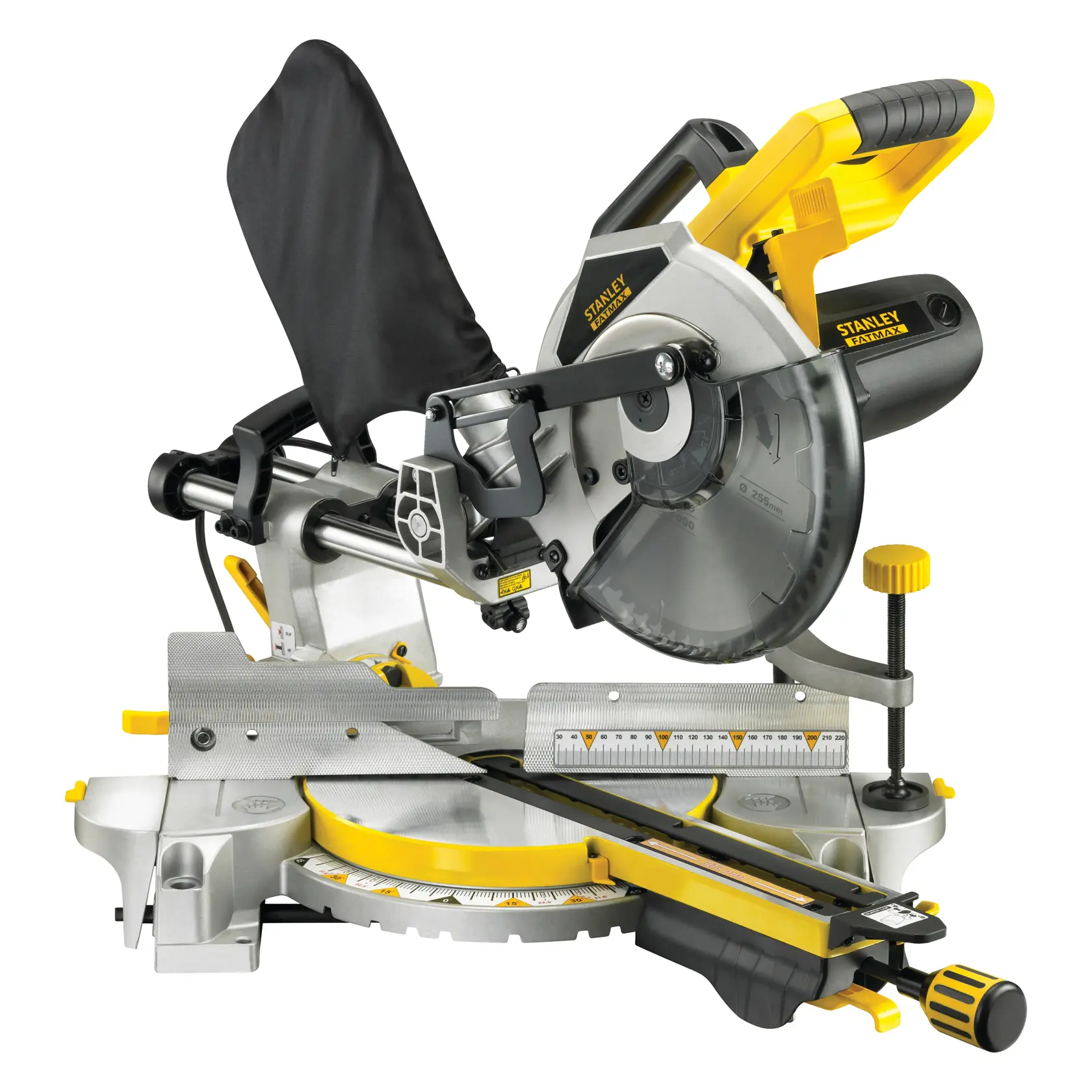 STANLEY FME720 Kapp- und Gehrungssäge, Seitenansicht mit gelben und schwarzen Akzenten, vor weißem Hintergrund.
