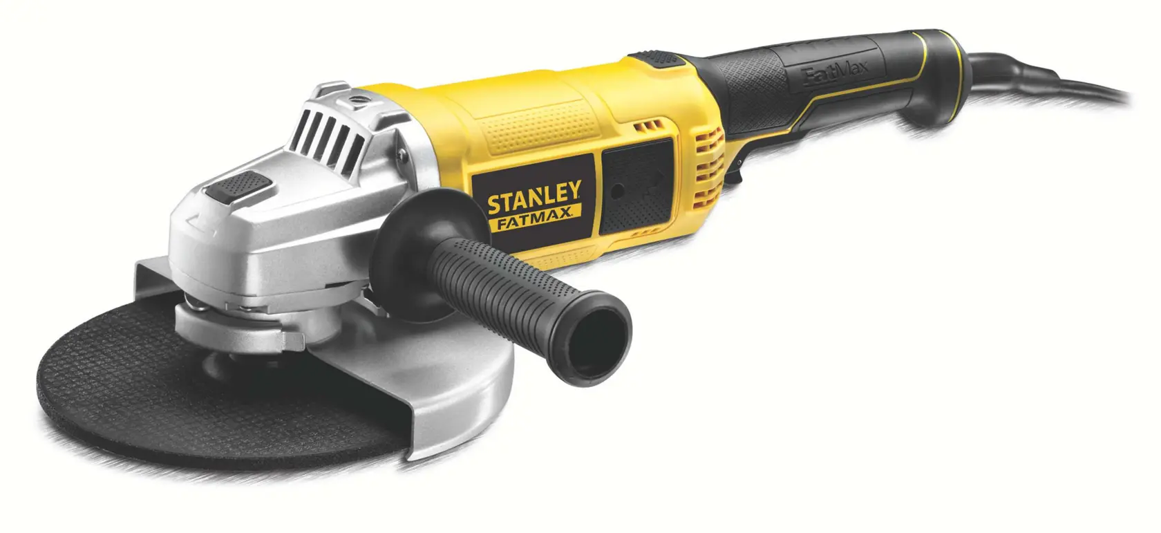 STANLEY FME841 Winkelschleifer mit gelbem und schwarzem Gehäuse, Seitenhandgriff, auf weißem Hintergrund, Vorderansicht rechts.