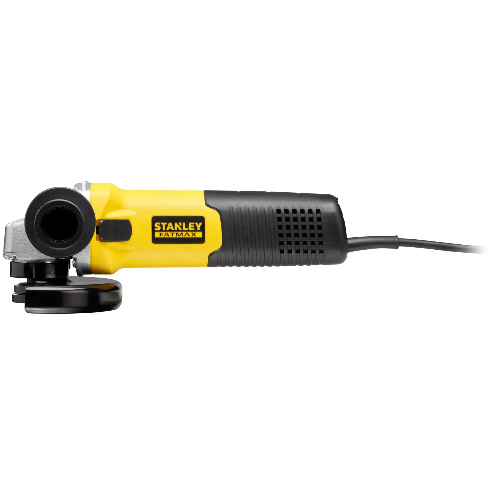 Stanley Fatmax Winkelschleifer elektrisch, gelbes und schwarzes Gehäuse, seitliche Ansicht.