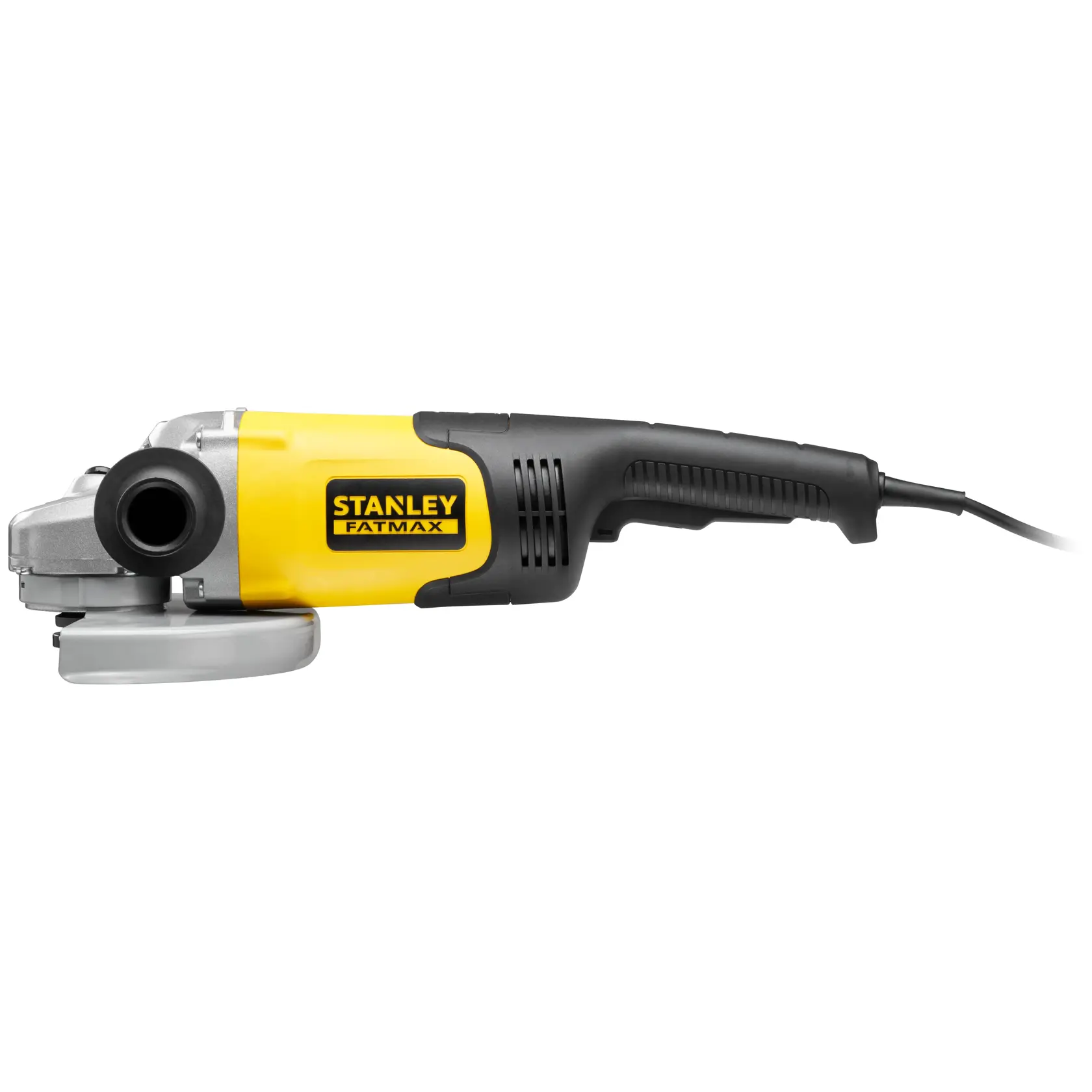 Stanley Fatmax Elektro-Winkelschleifer in Gelb und Schwarz, Seitenansicht auf weißem Hintergrund.