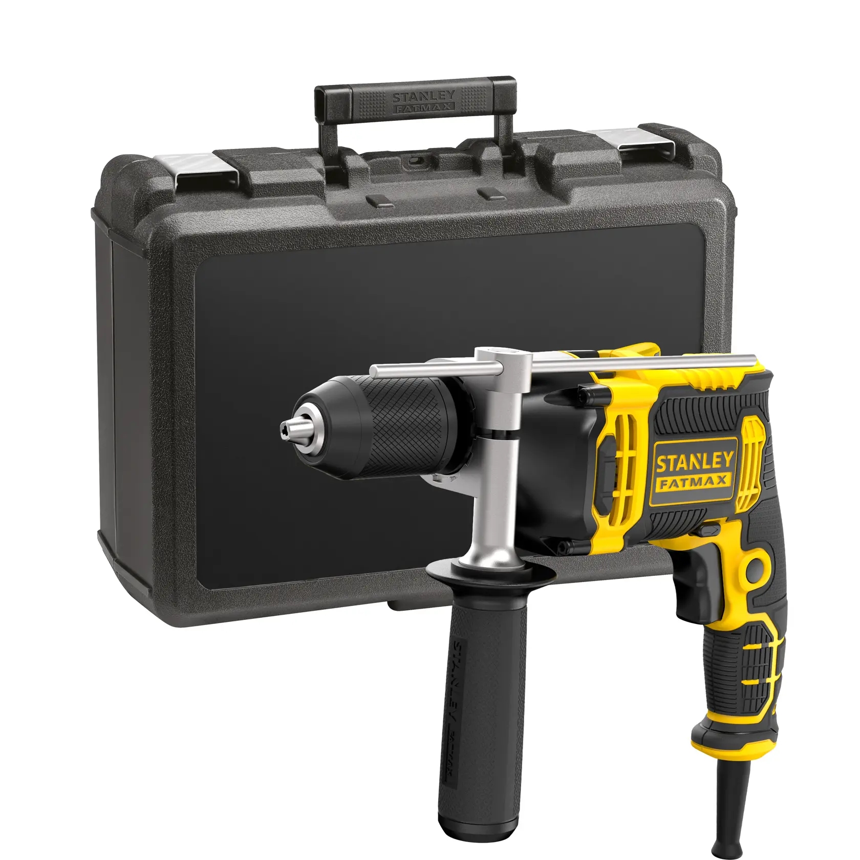 STANLEY FMEH750K Schlagbohrmaschine in Schwarz und Gelb mit Transportkoffer, Vorderansicht.