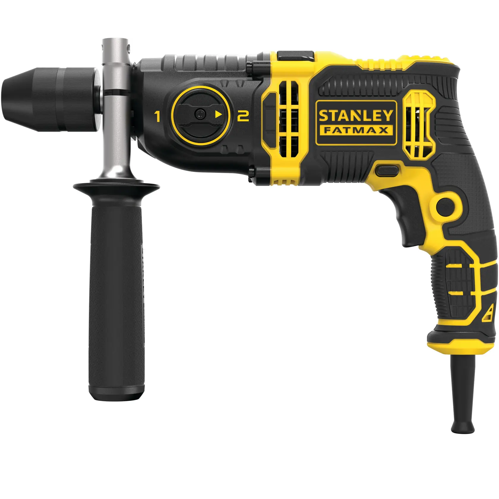 Photo of STANLEY FMEH850K hammer drill, black and yellow, with side handle, left side view, photography.