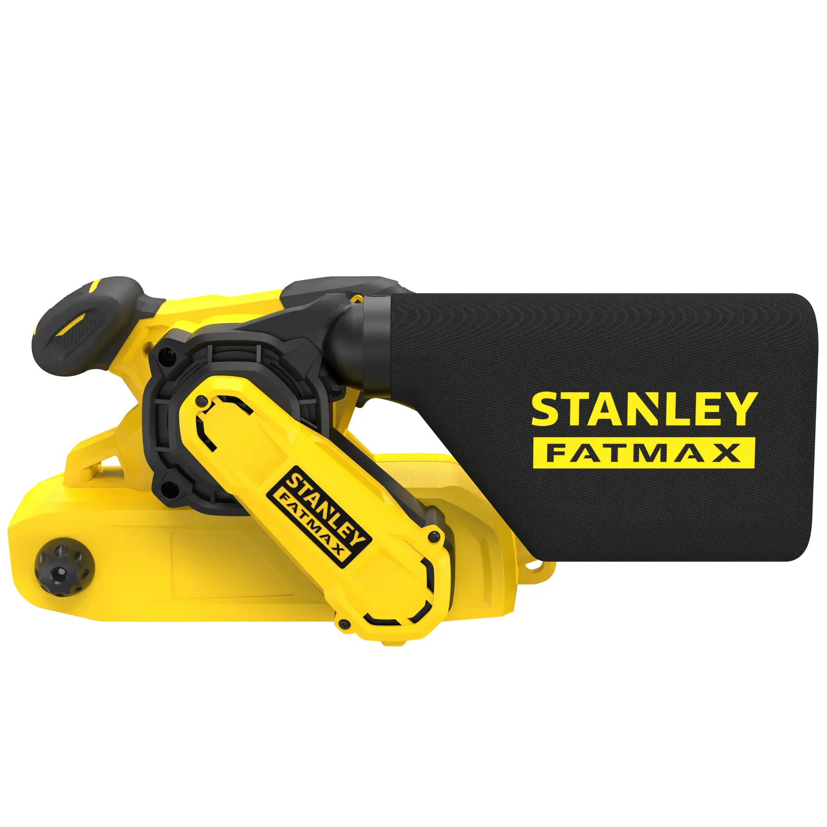 STANLEY FMEW204K Bandschleifer mit Staubbeutel, gelb und schwarz, Seitenansicht auf weißem Hintergrund.