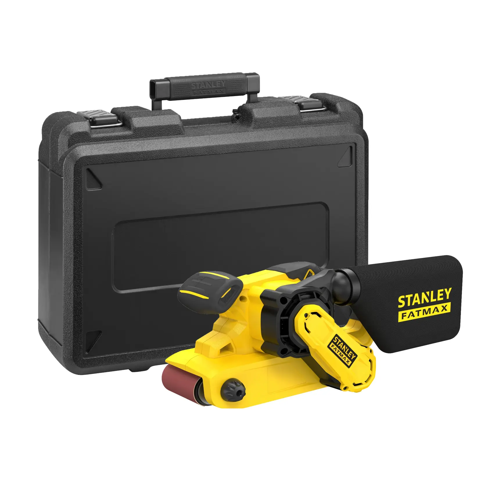 STANLEY FMEW204K-QS Bandschleifer mit schwarzem Transportkoffer, Vorderansicht auf weißem Hintergrund.