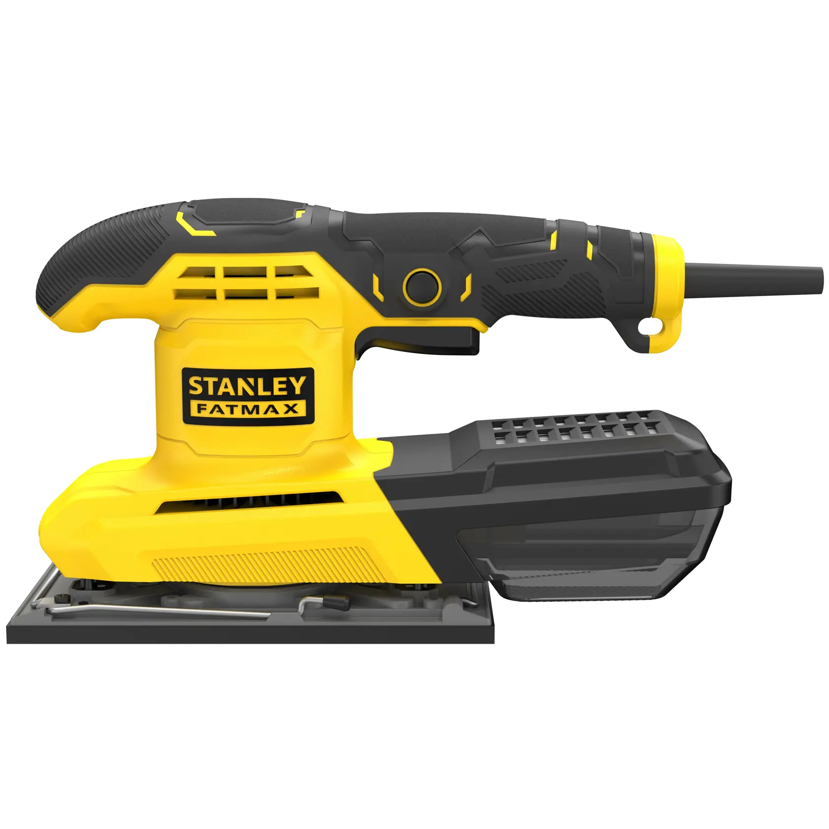STANLEY FMEW214K rechteckiger gelb-schwarzer Schwingschleifer, Seitenansicht, mit Staubbox und ergonomischem Griff.