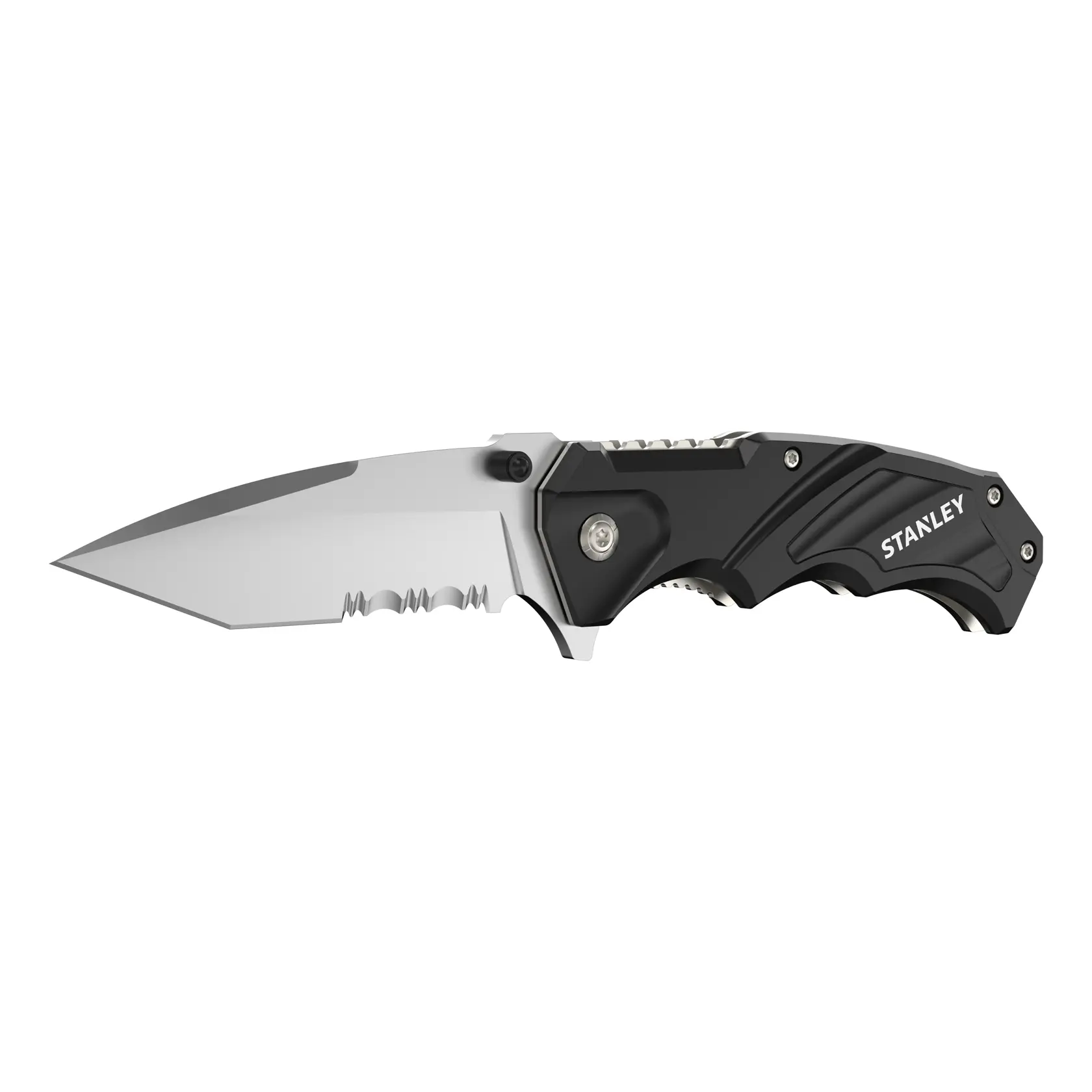 Stanley FatMax Klappmesser mit teils gezahnter Klinge und ergonomischem Griff, vor weißem Hintergrund.