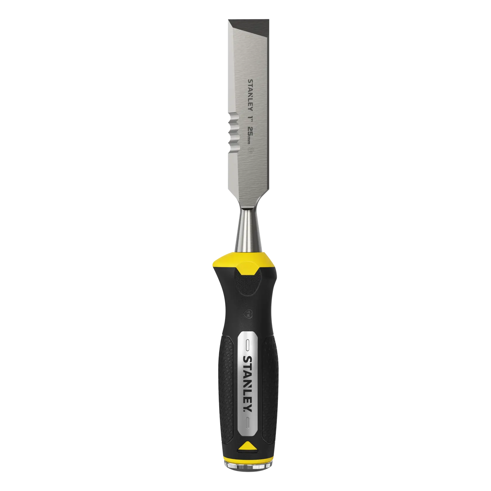 STANLEY FMHT0-16067 Meißel mit ergonomischem schwarz-gelbem Griff, Vorderansicht auf weißem Hintergrund.