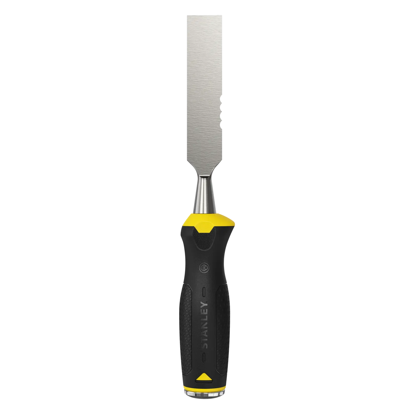Stanley-Meißel mit schwarz-gelbem Griff und flacher Metallklinge, vertikal auf weißem Hintergrund gezeigt.