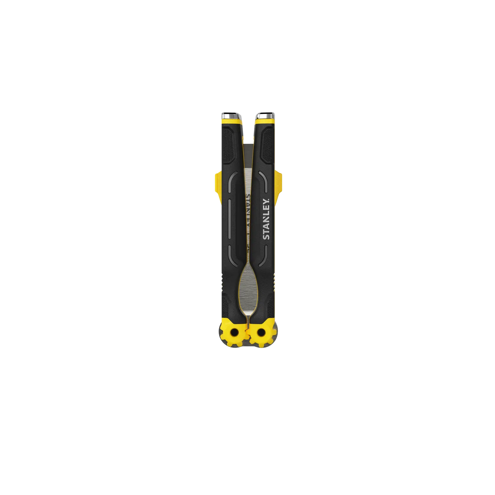 Stanley black and yellow multitool with ergonomic handles, shown closed and upright.