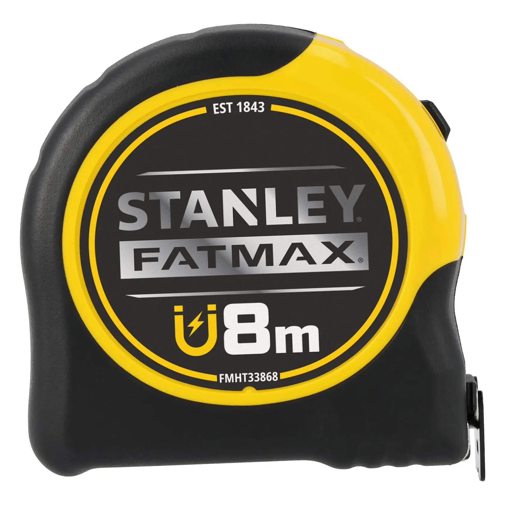 Foto des STANLEY FMHT0-33868 Maßbands, schwarz und gelb, 8 m Länge, Vorderansicht auf weißem Hintergrund.