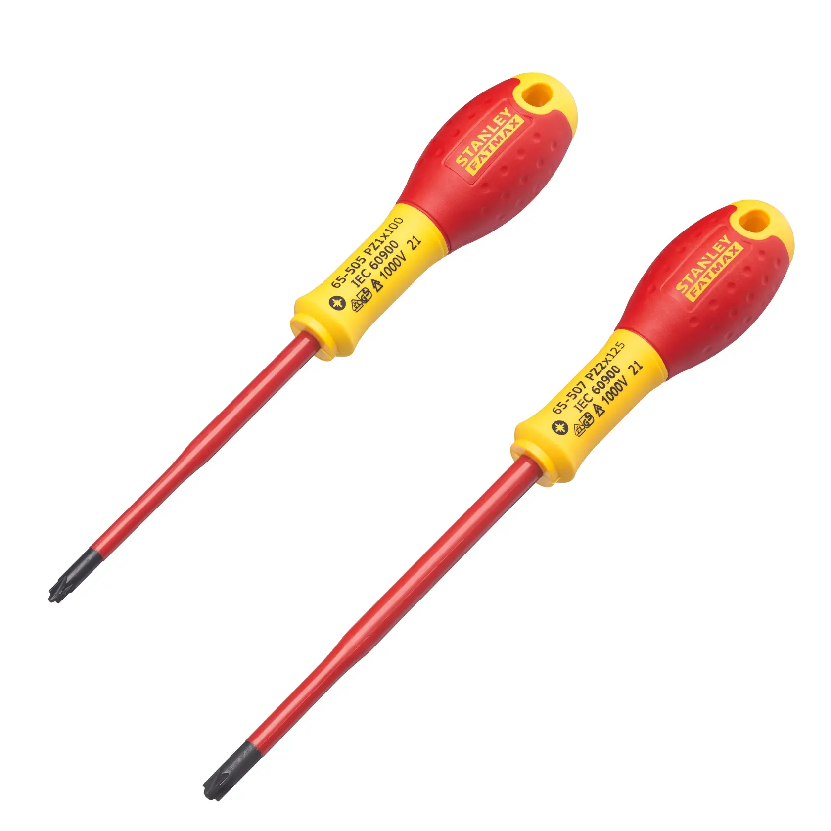 STANLEY FMHT0-62649 isolierter Schraubendreher-Satz, zwei rot-gelbe Schraubendreher, schräg auf weißem Hintergrund.