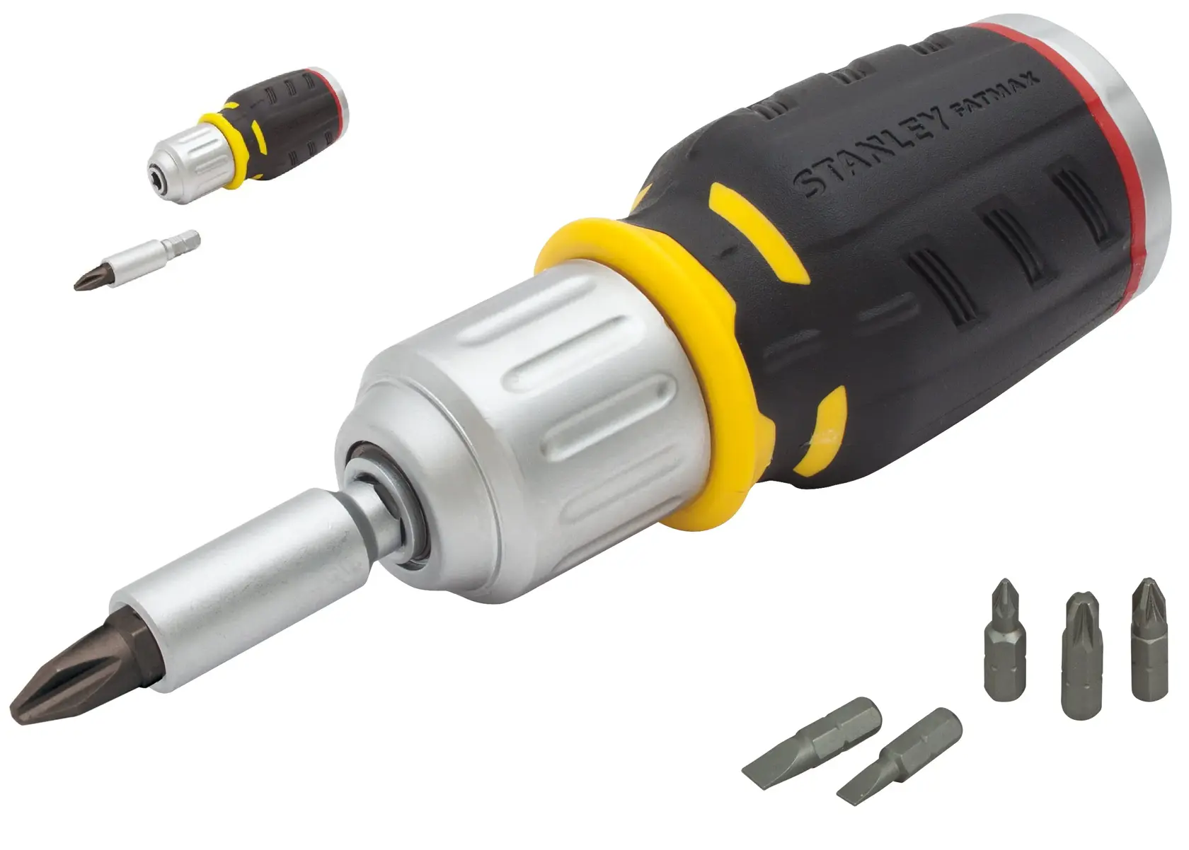 Stanley Ratschen-Schraubendreher mit ergonomischem Griff und mehreren auswechselbaren Bits.
