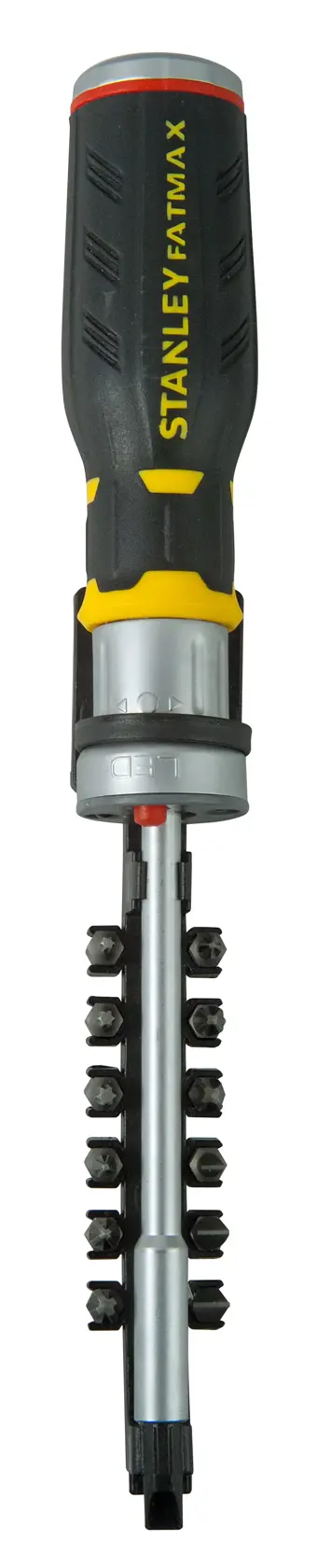 STANLEY FMHT0-62689 Ratschen-Schraubendreher mit schwarz-gelbem Griff und mehreren Bits, Frontansicht.