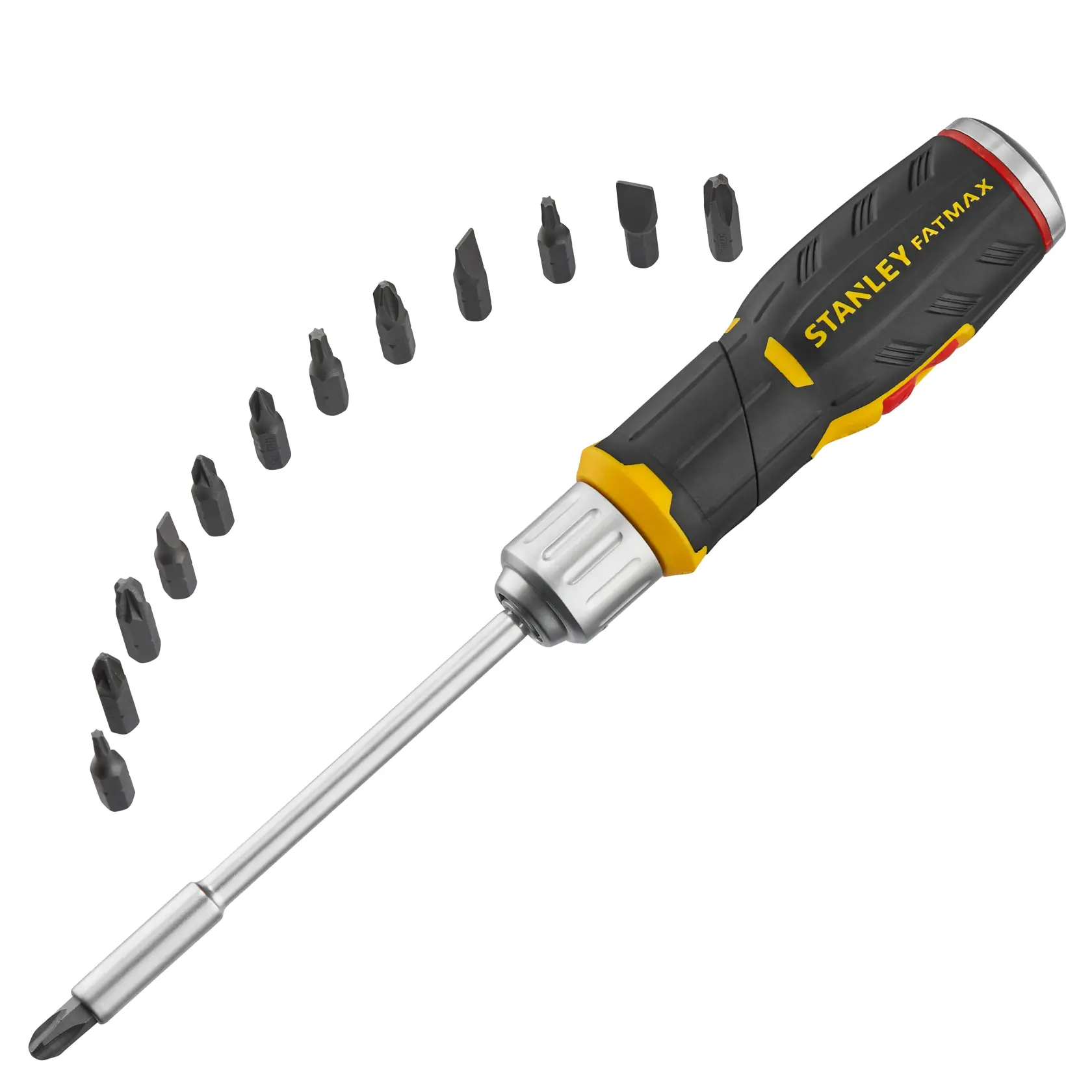 Stanley Schraubendreher mit ergonomischem Griff und 12 Wechselbits im Bogen auf weißem Hintergrund.