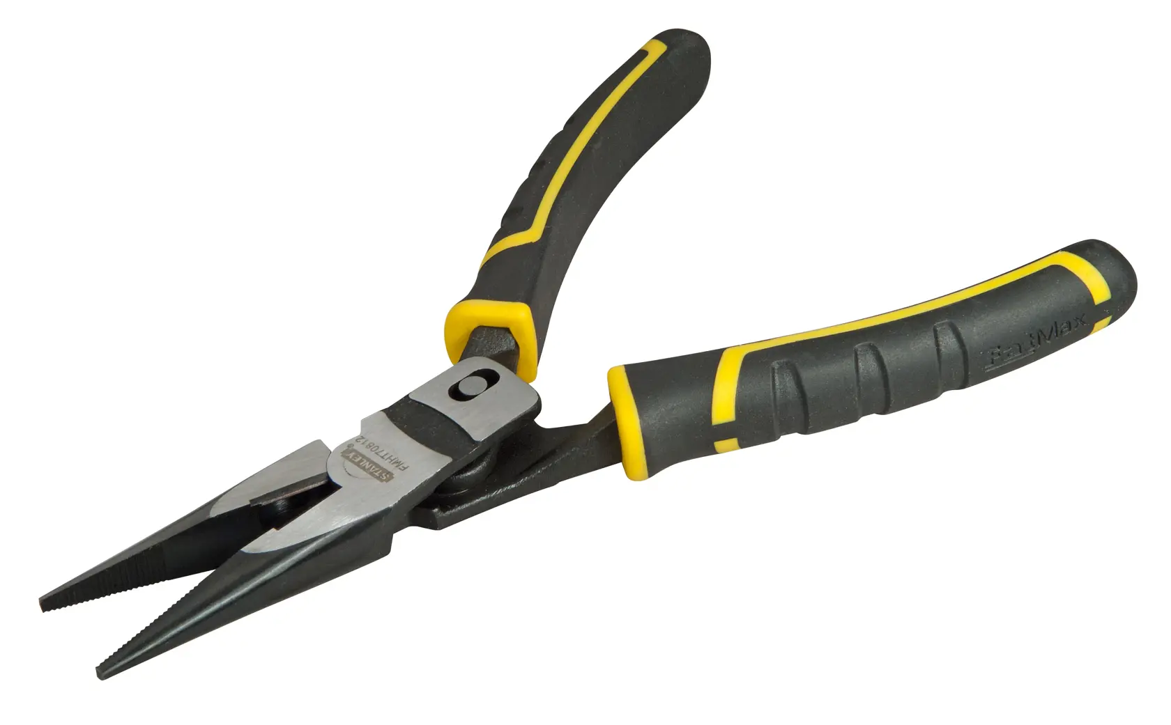 Stanley FMHT0-70812 Spitzzange mit schwarz-gelben Griffen, Seitenansicht vor weißem Hintergrund.