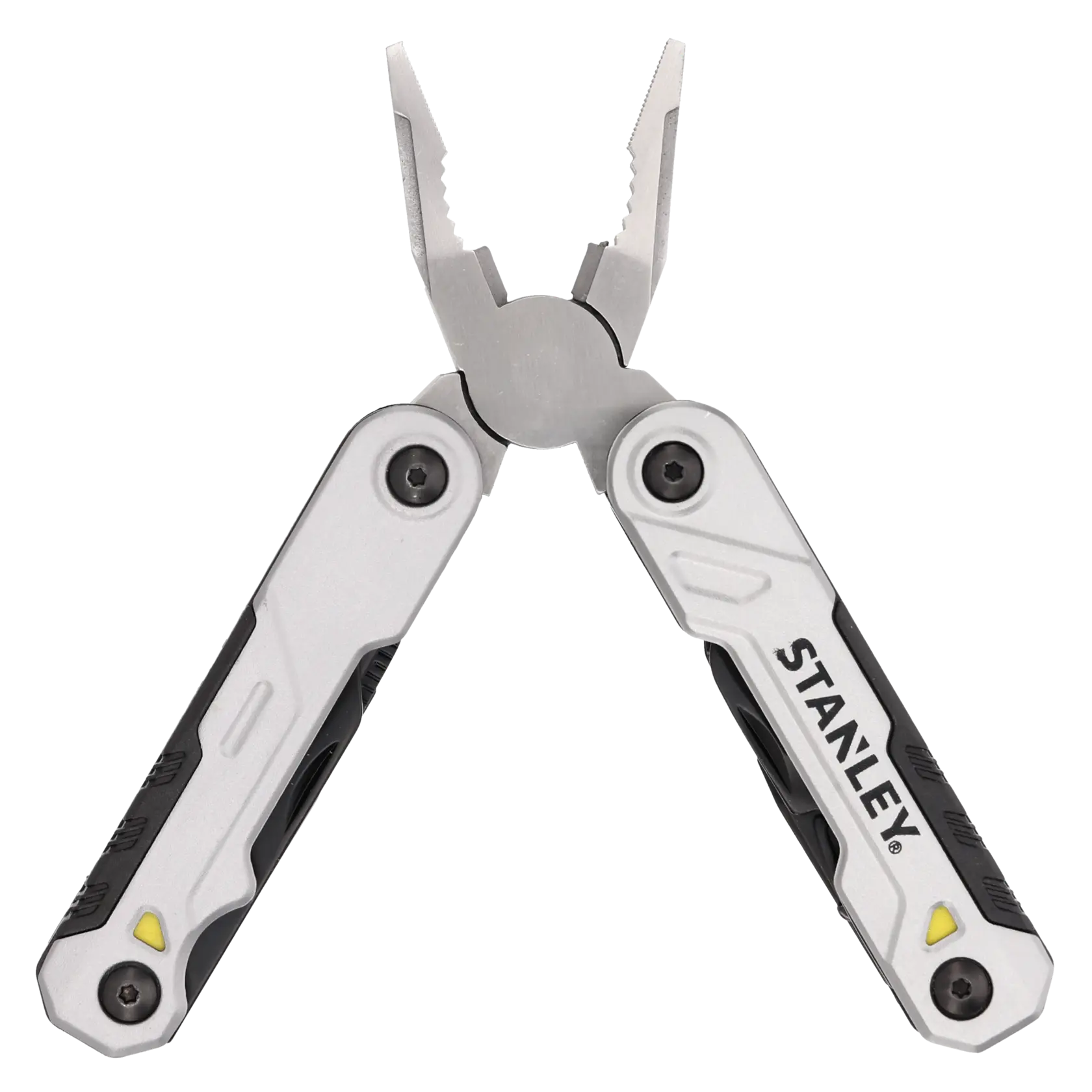 Silberfarbenes Stanley-Multitool mit offenen Zangen und strukturierten Griffen, vor weißem Hintergrund.