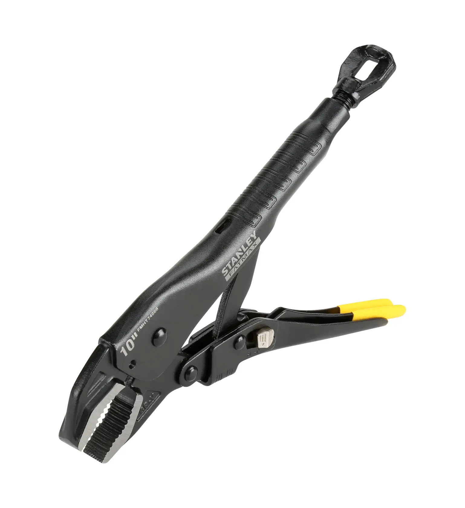 Stanley adjustable locking pliers with black and yellow handle, designed for gripping and turning objects.