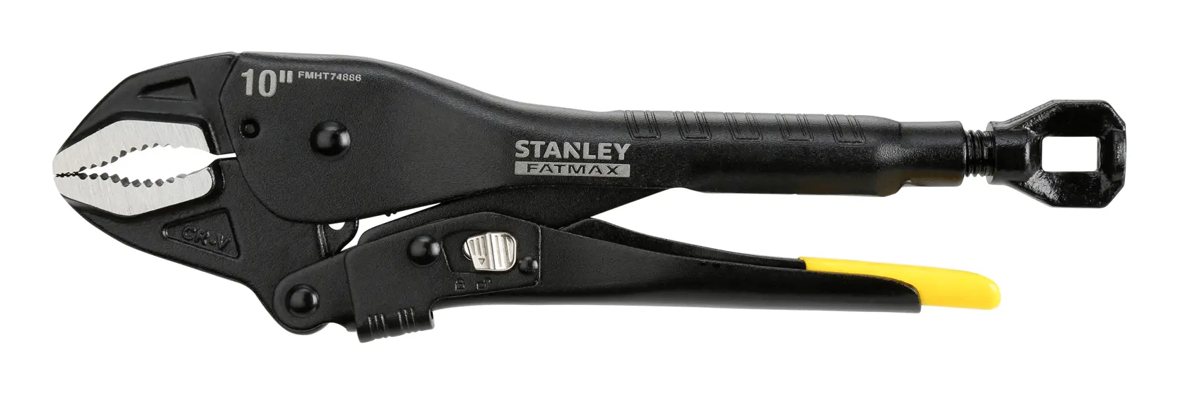 Stanley FatMax 10-inch locking pliers with a black and yellow handle, used for gripping and turning objects.