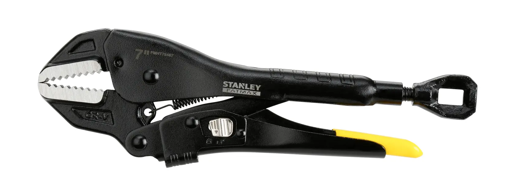 Stanley black locking pliers with serrated jaws and yellow handle grip on a white background.