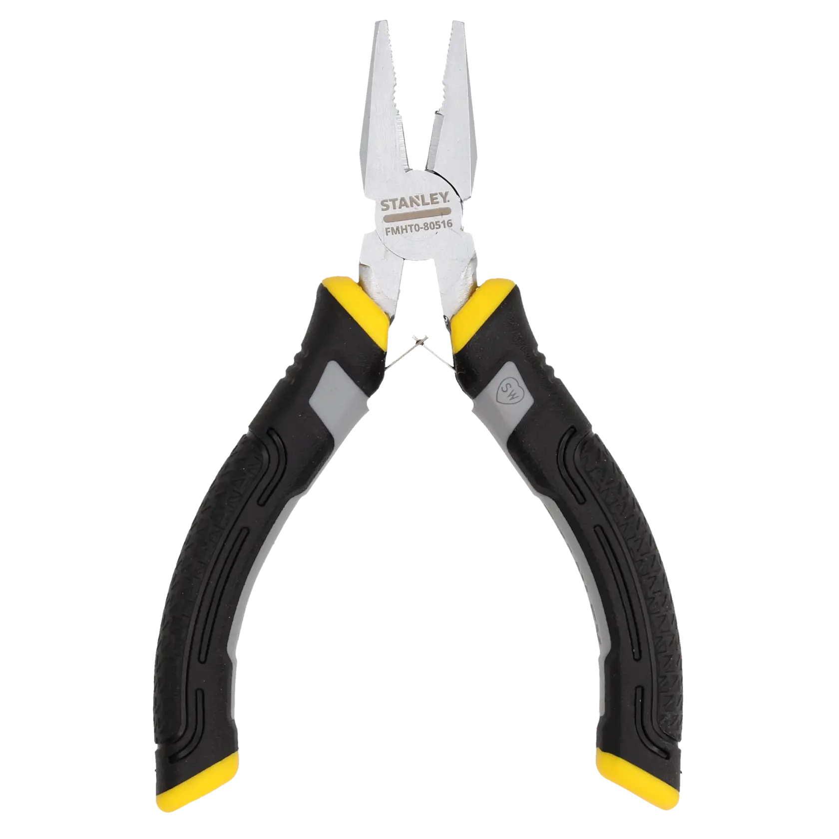 STANLEY FMHT0-80516 Zange mit ergonomischen schwarz-gelben Griffen, Seitenansicht, auf weißem Hintergrund.