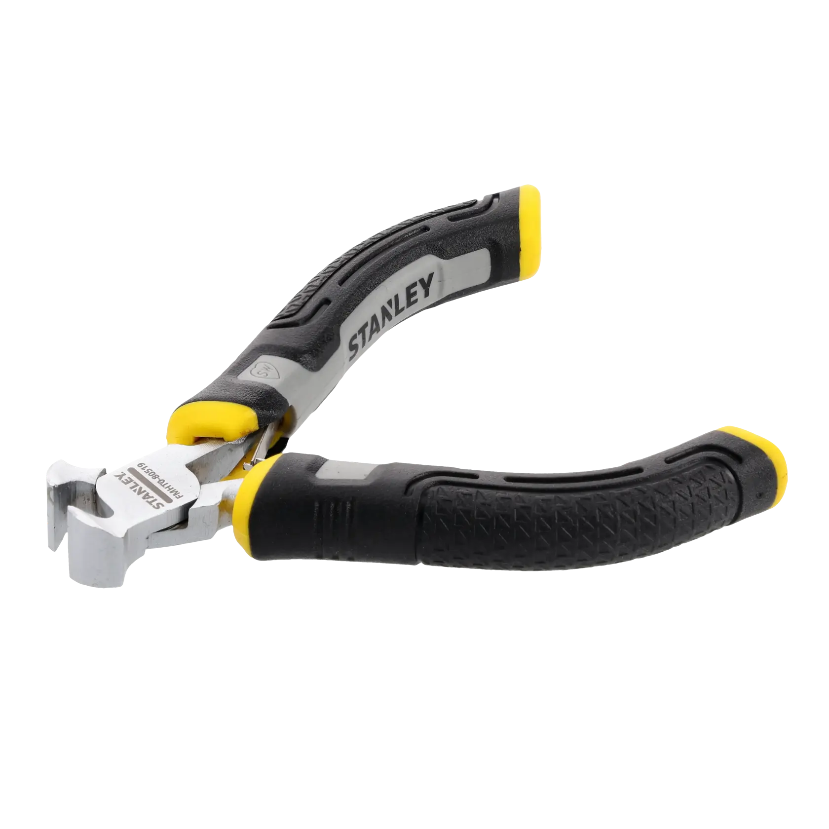 STANLEY branded end cutting pliers with black and yellow ergonomic handles, displayed on a white background.