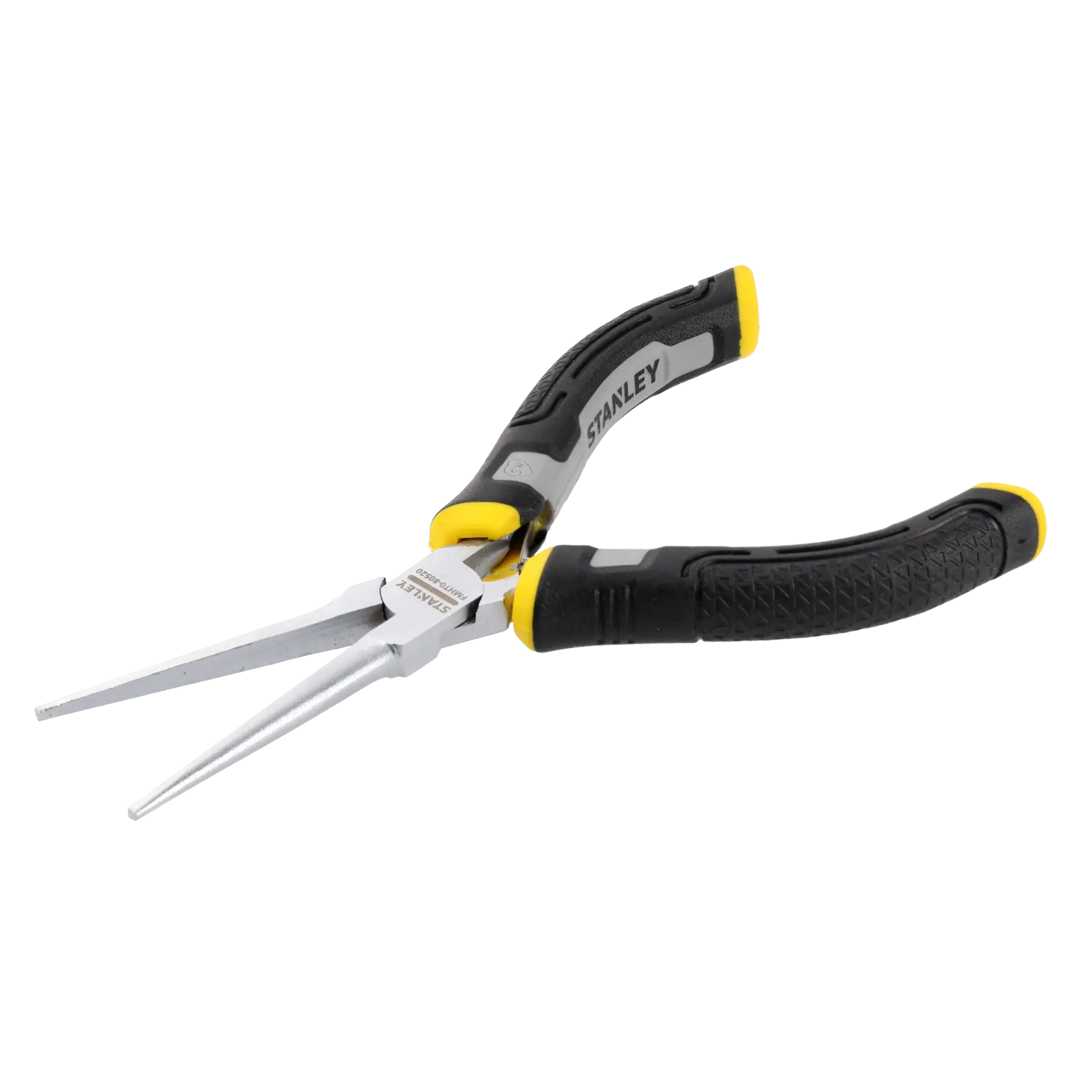 Ein Paar STANLEY-Spitzzangen mit ergonomischen schwarzen und gelben Griffen, entwickelt für Präzisionsarbeiten.