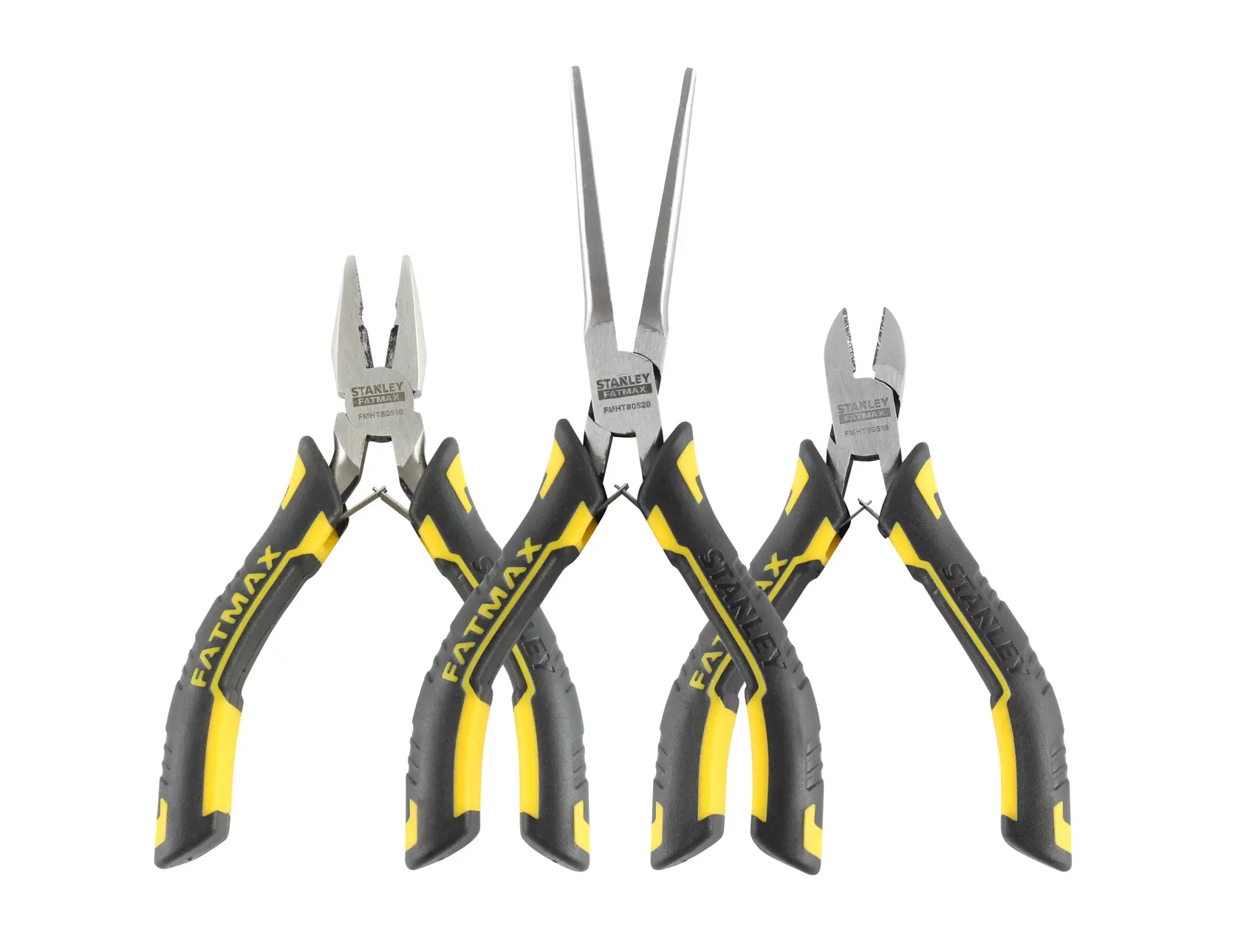 Stanley Fatmax Set mit drei Zangen, schwarze und gelbe Griffe, vor weißem Hintergrund.