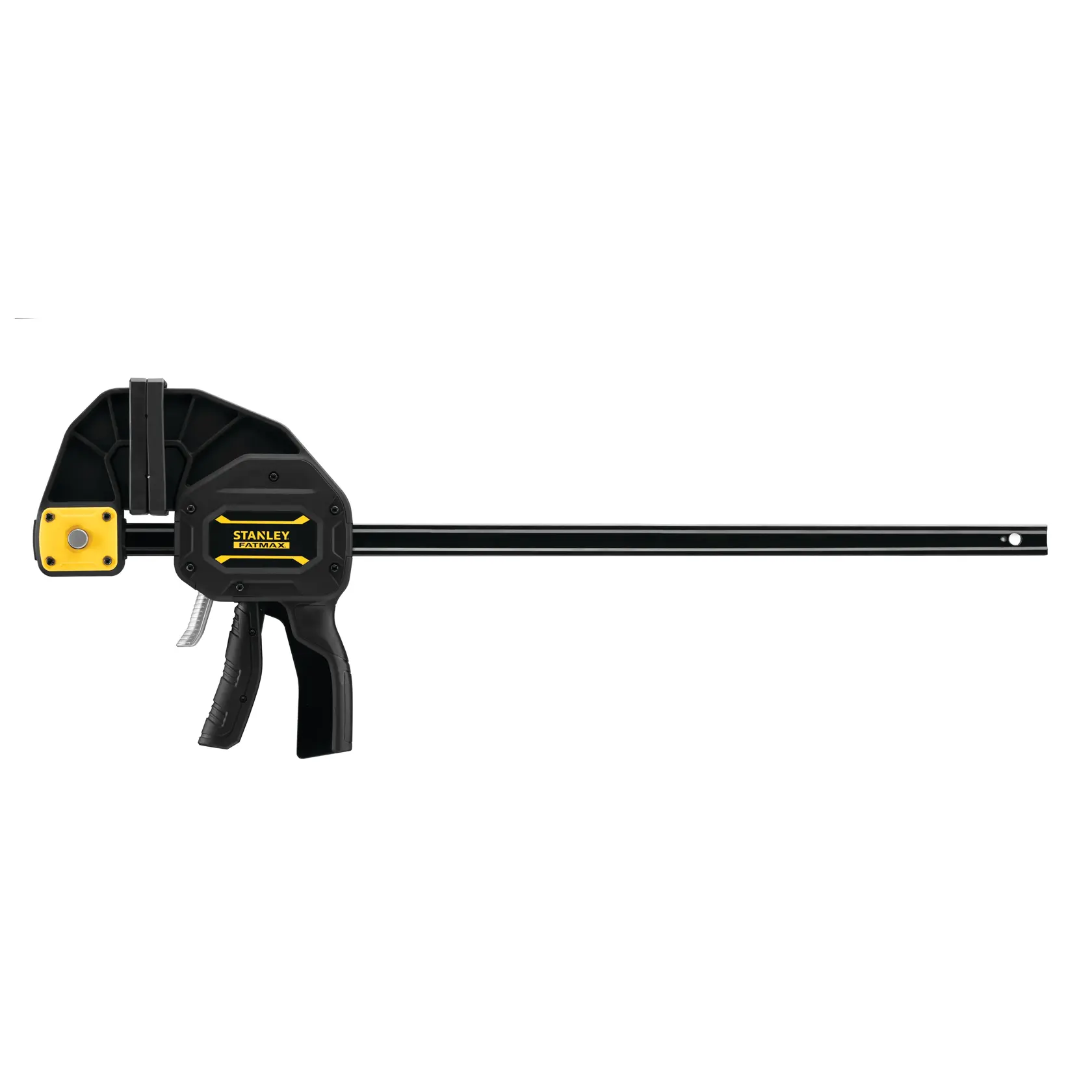 Photo of STANLEY FMHT0-83213 bar clamp, black with yellow accents, side angle on white background.