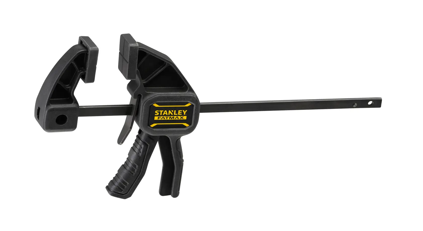 STANLEY FMHT0-83231 photography of black FATMAX trigger clamp, side angle on white background.