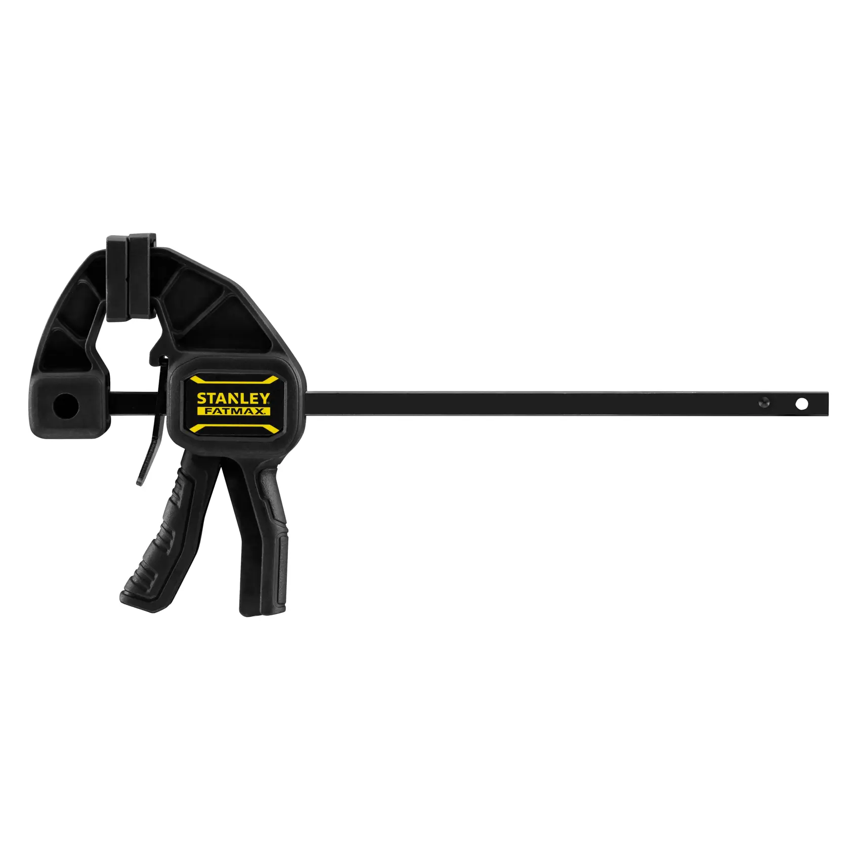 STANLEY FMHT0-83231 bar clamp with black and yellow handle, front angle on white background.