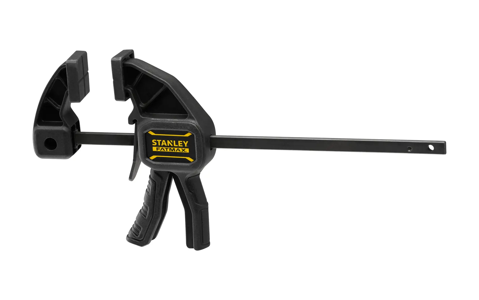 Stanley FMHT0-83231 photography of black trigger clamp tool, side angle, yellow logo detail visible.