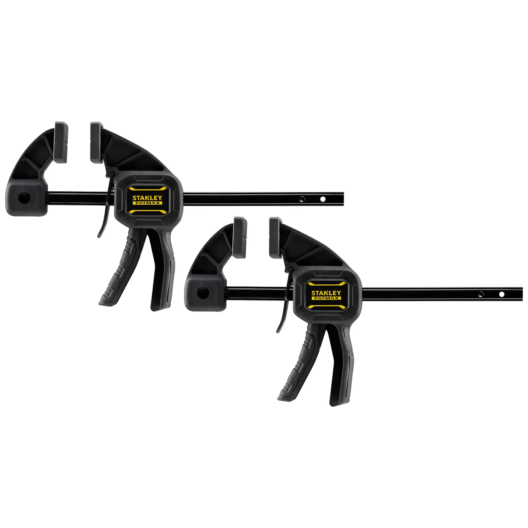 Two STANLEY trigger clamps for secure holding, black with yellow logo, suitable for woodworking or photography work.