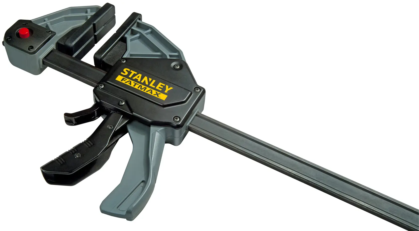 STANLEY FMHT0-83240 Schraubzwinge, schwarz und grau, Frontalansicht auf weißem Hintergrund.