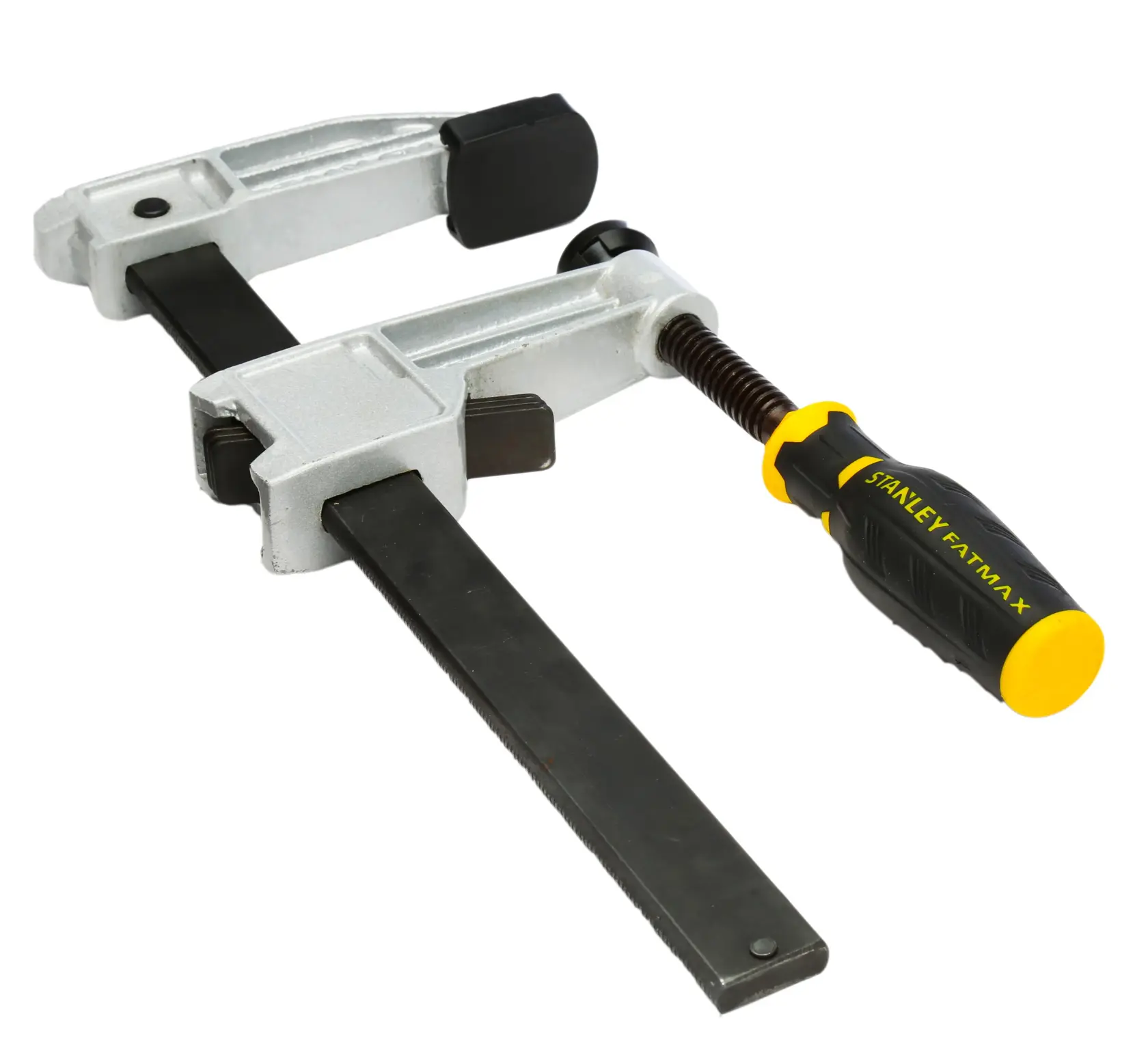 Photo of STANLEY FMHT0-83246 bar clamp with yellow and black handle, angled on white background.