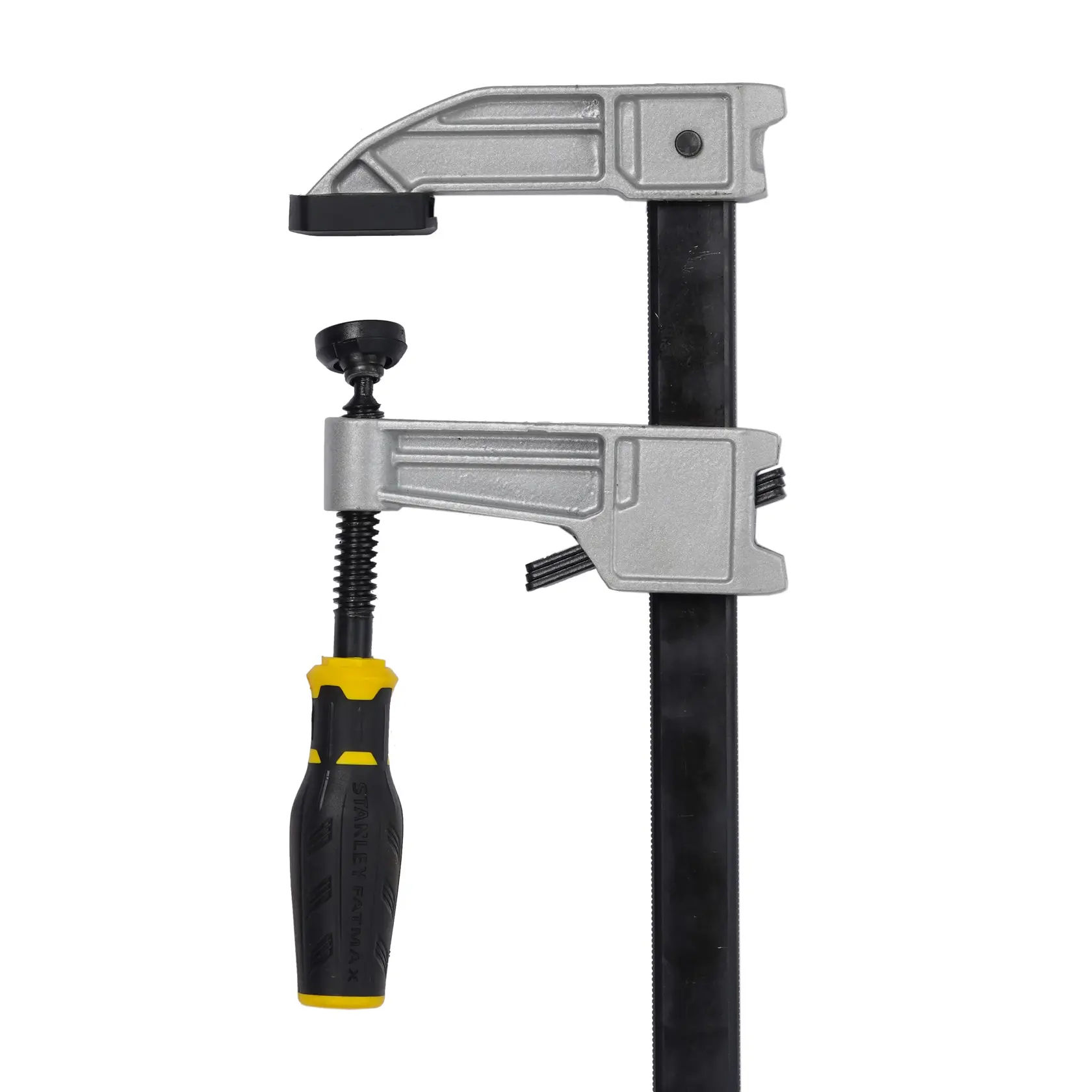 STANLEY FMHT0-83247 photography of bar clamp with black and yellow handle, front view on white background.
