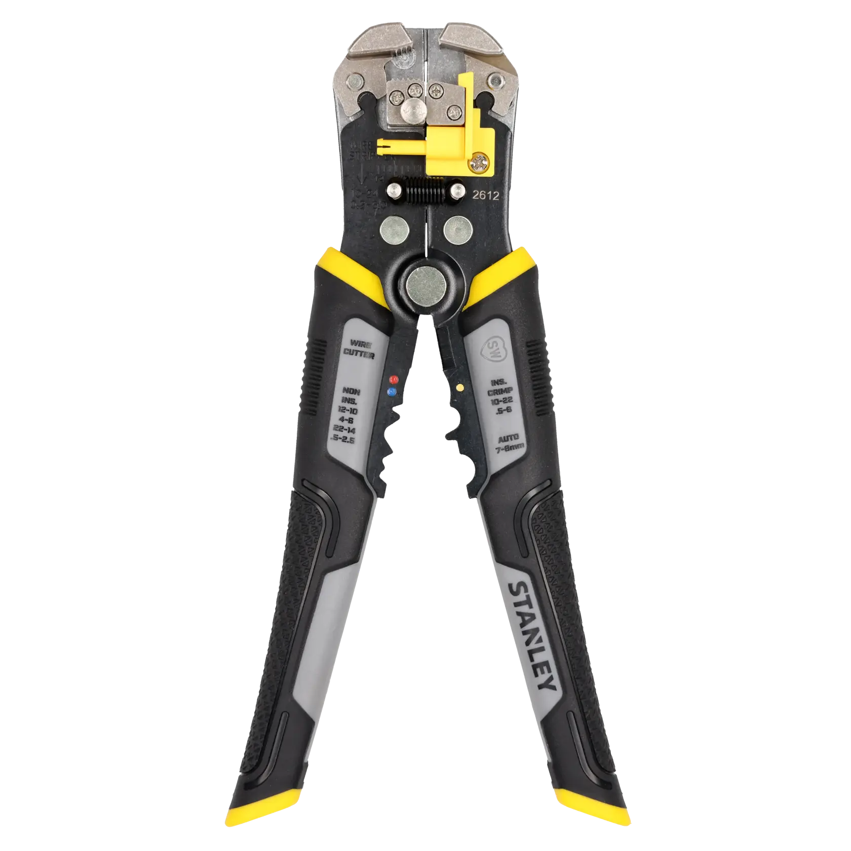 STANLEY FMHT0-96230 Abisolierzange mit gelb-schwarzen ergonomischen Griffen, schräge Ansicht auf weißem Hintergrund.