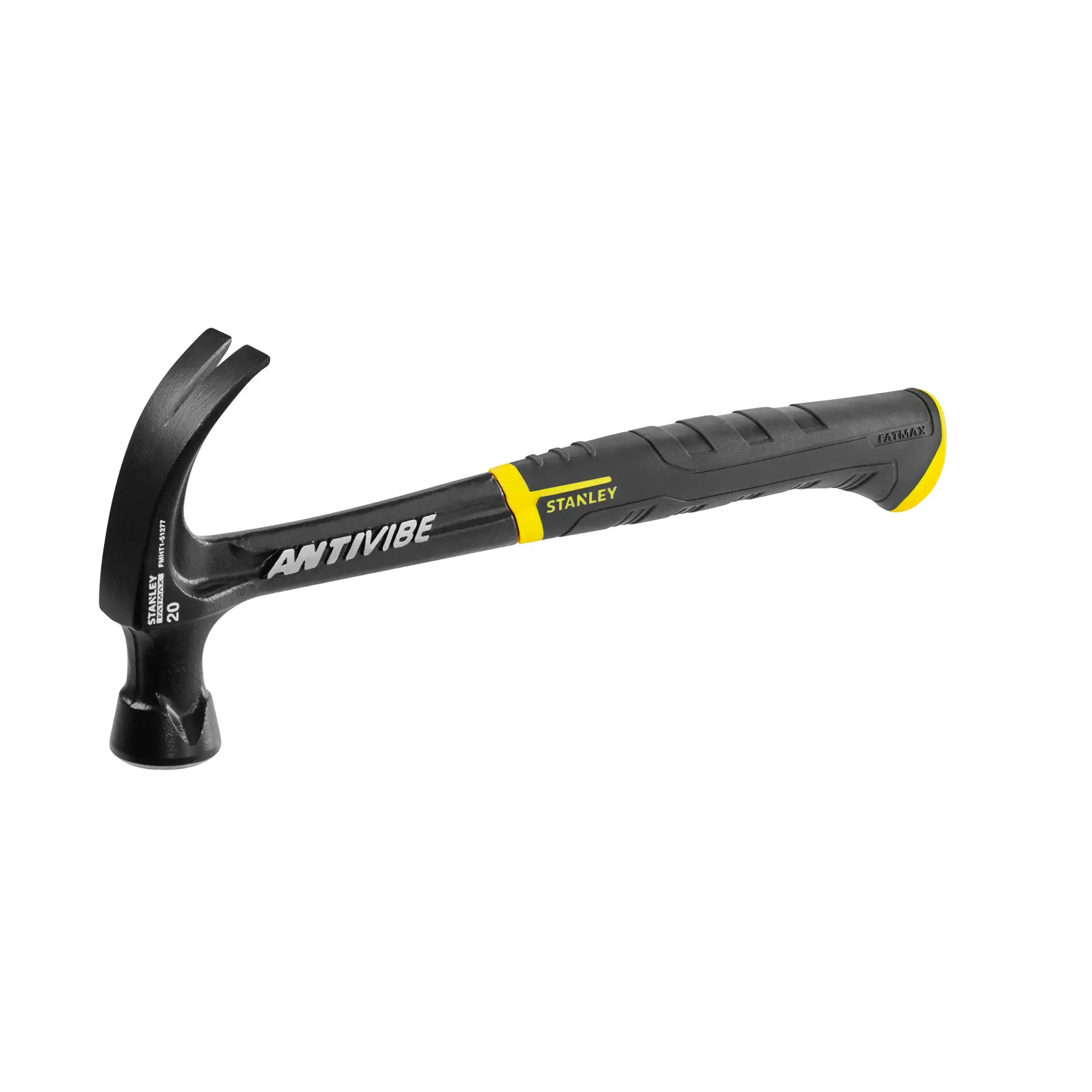 STANLEY FMHT1-51277 schwarzer und gelber Klauenhammer, Seitenansicht, AntiVibe-Aufdruck sichtbar.