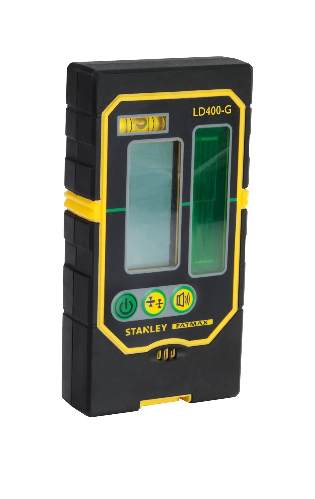 STANLEY FMHT1-74266 Laserempfänger, schwarz und gelb, schräge Frontansicht, elektronische Anzeige und Tasten.