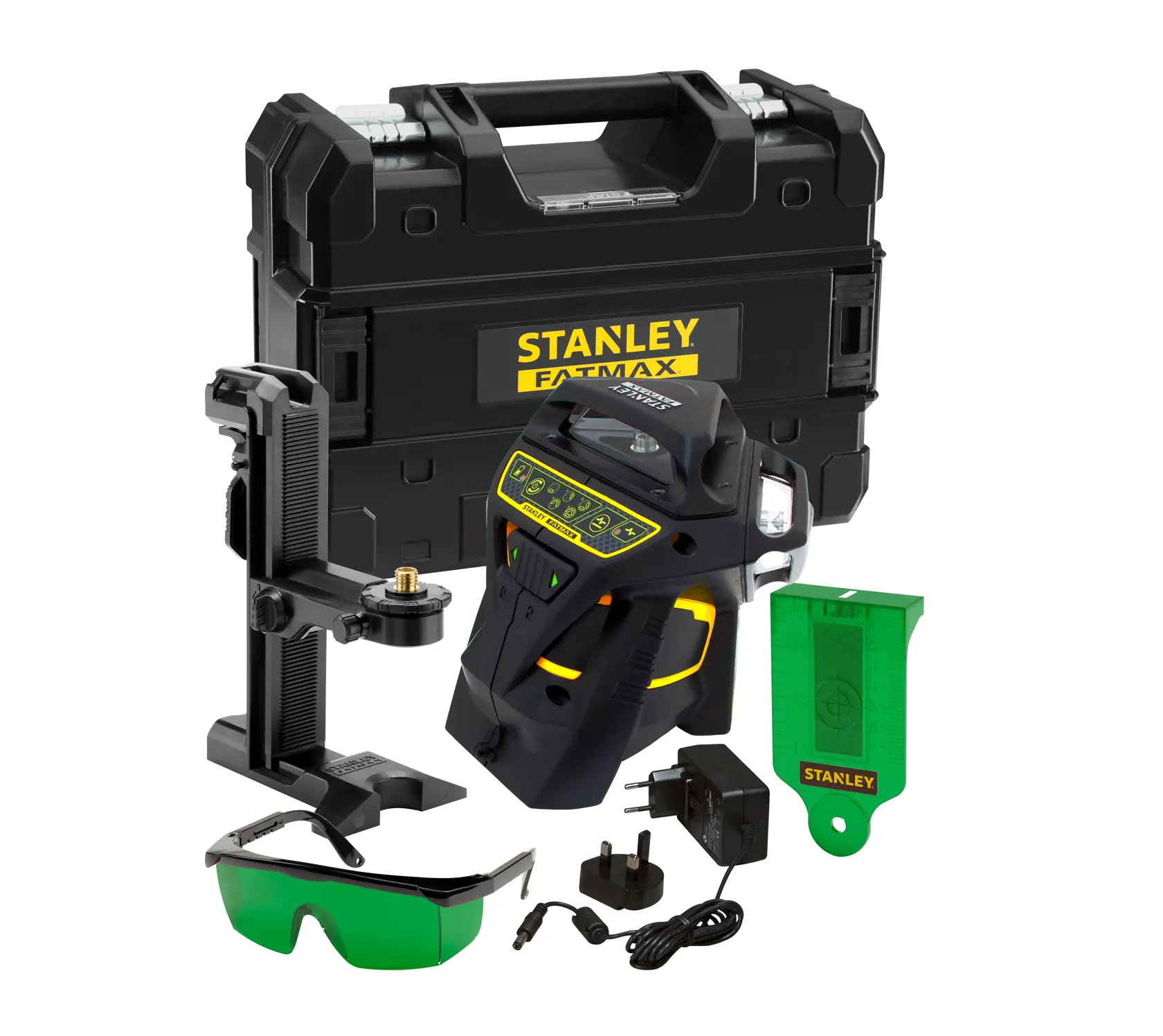 STANLEY FMHT1-77356 grünes Rotationslaser-Set mit Koffer, Halterung, grüner Brille, Ladegerät und Zubehör, Vorderansicht.