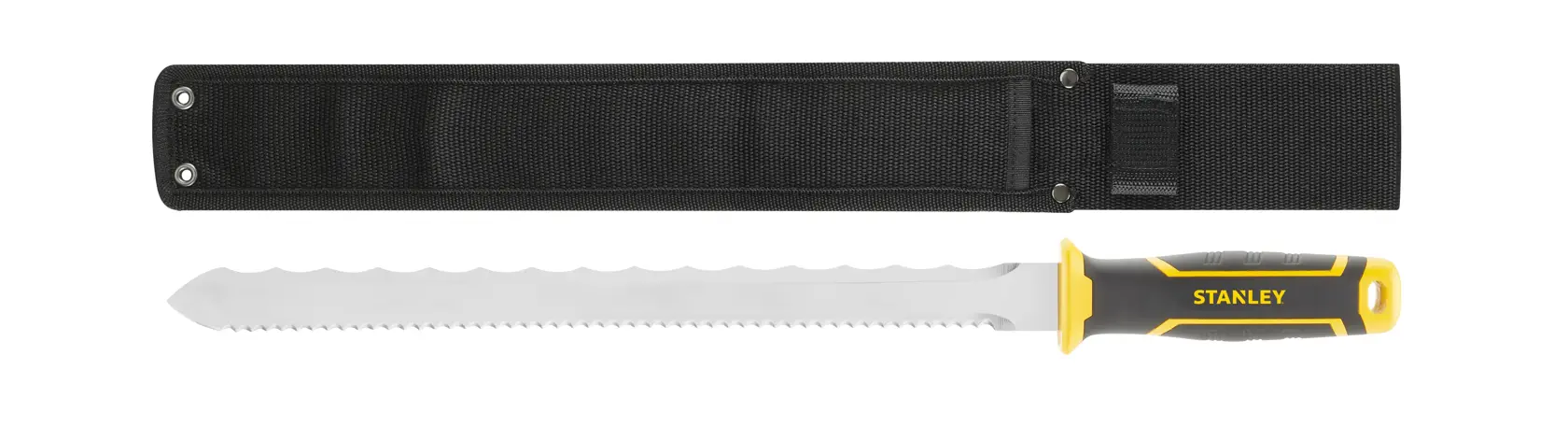 STANLEY FMHT10327-1 Machete mit gelb-schwarzem Griff und Wellenschliffklinge, mit schwarzer Scheide, Draufsicht.