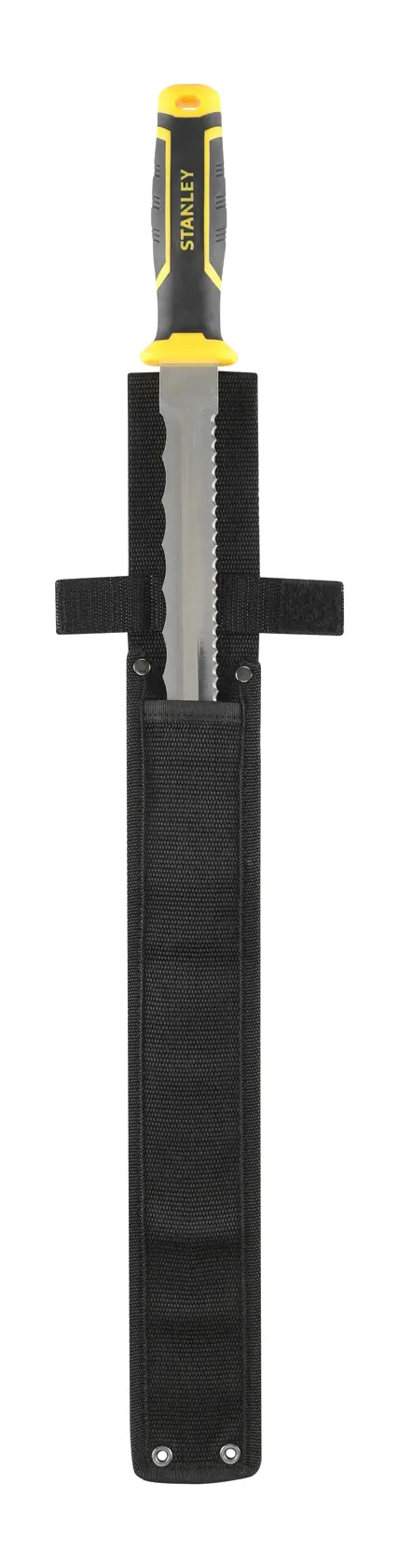 STANLEY FMHT10327-1 Machete mit schwarzer Scheide, gelb-schwarzer Griff, Vorderansicht, weißer Hintergrund.