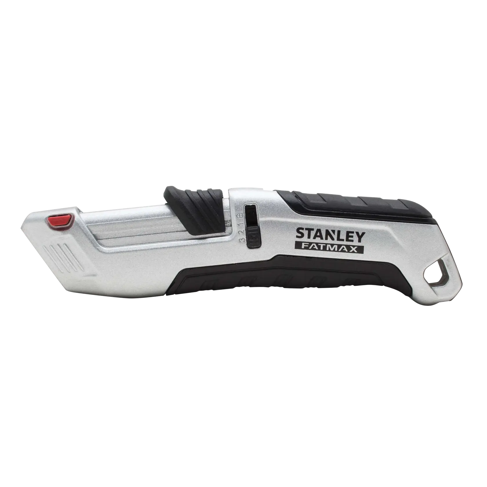 STANLEY FMHT10367-0 Universalmesser mit silber-schwarzem Griff, linke Seitenansicht auf weißem Hintergrund.