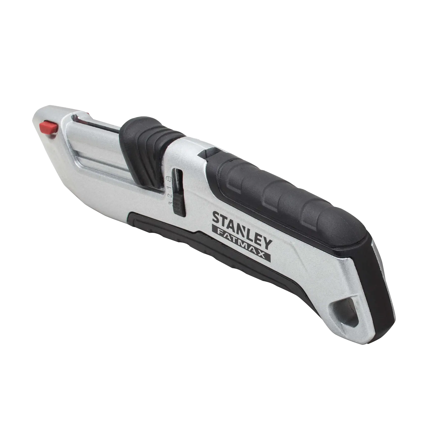 STANLEY FMHT10367-0 folding utility knife with black ergonomic grip, silver body, angled on white background.