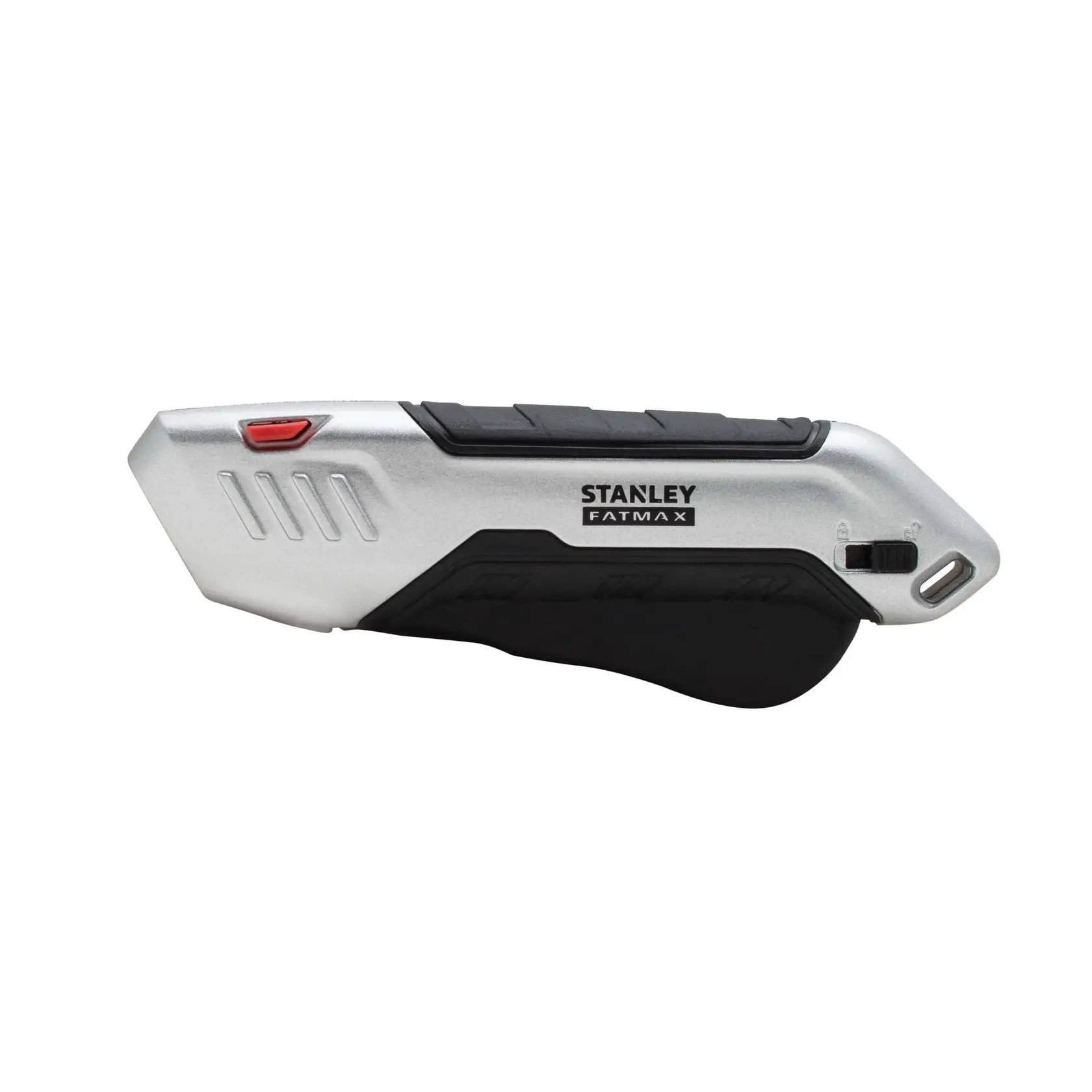 STANLEY FMHT10370-0 Universalmesser, silber und schwarz, Seitenansicht, mit rotem Schieber und ergonomischem Griff.