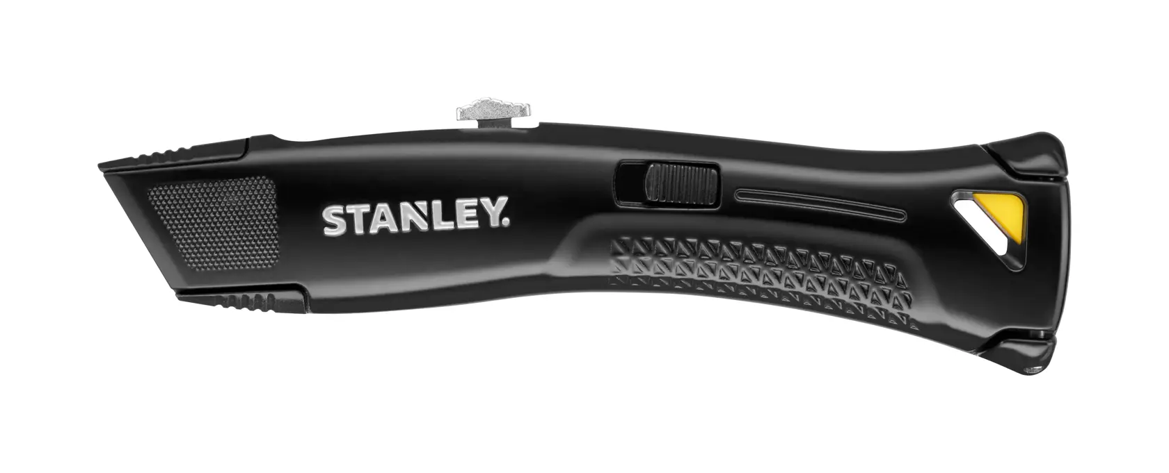 STANLEY FMHT10504-0 Universalmesser, schwarz, Seitenansicht, strukturierter Griff, gelbes Detail, Fotografie